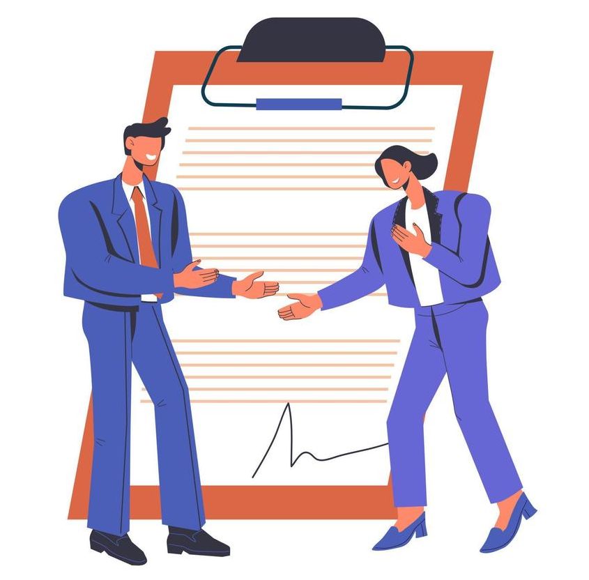 business negotiation and contract signing concept with tiny business people in front of contract page business people sign paper formal partnership agreement flat illustration isolated vector e1682592781511