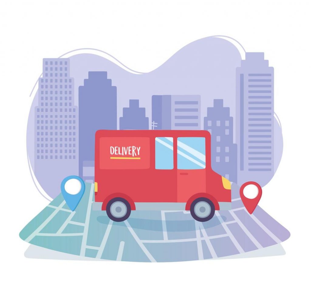 online delivery service truck on navigation map pointer location city fast and free transport order shipping vector